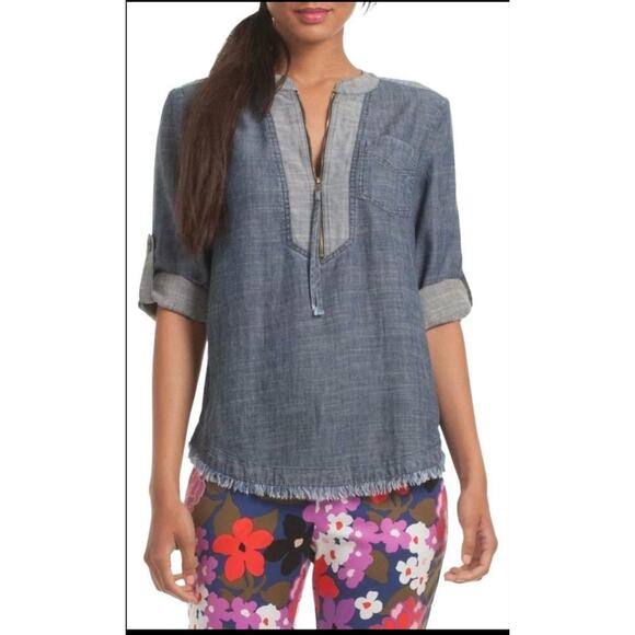 Trina Turk Indigo Kaiko Denim Lyocell/ Linen Blend Blouse Sz M - Picture 1 of 9
